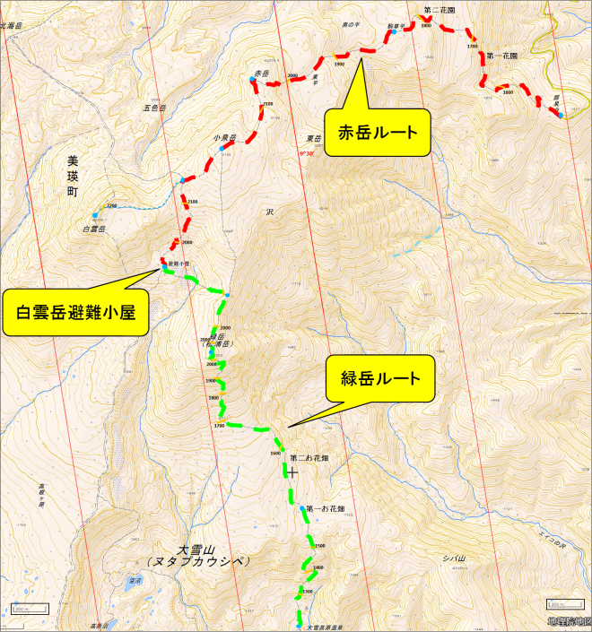 白雲岳避難小屋への赤岳緑岳ルート比較地図